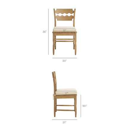 Jax Oak Wood Dining Chair With Wavy Razor Back and Cushion Set of 2 in Weathered Oak Oatmeal Stripe