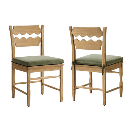 Jax Oak Wood Dining Chair With Wavy Razor Back and Cushion Set of 2 in Weathered Oak Sage