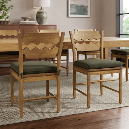 Jax Oak Wood Dining Chair With Wavy Razor Back and Cushion Set of 2 in Weathered Oak Sage