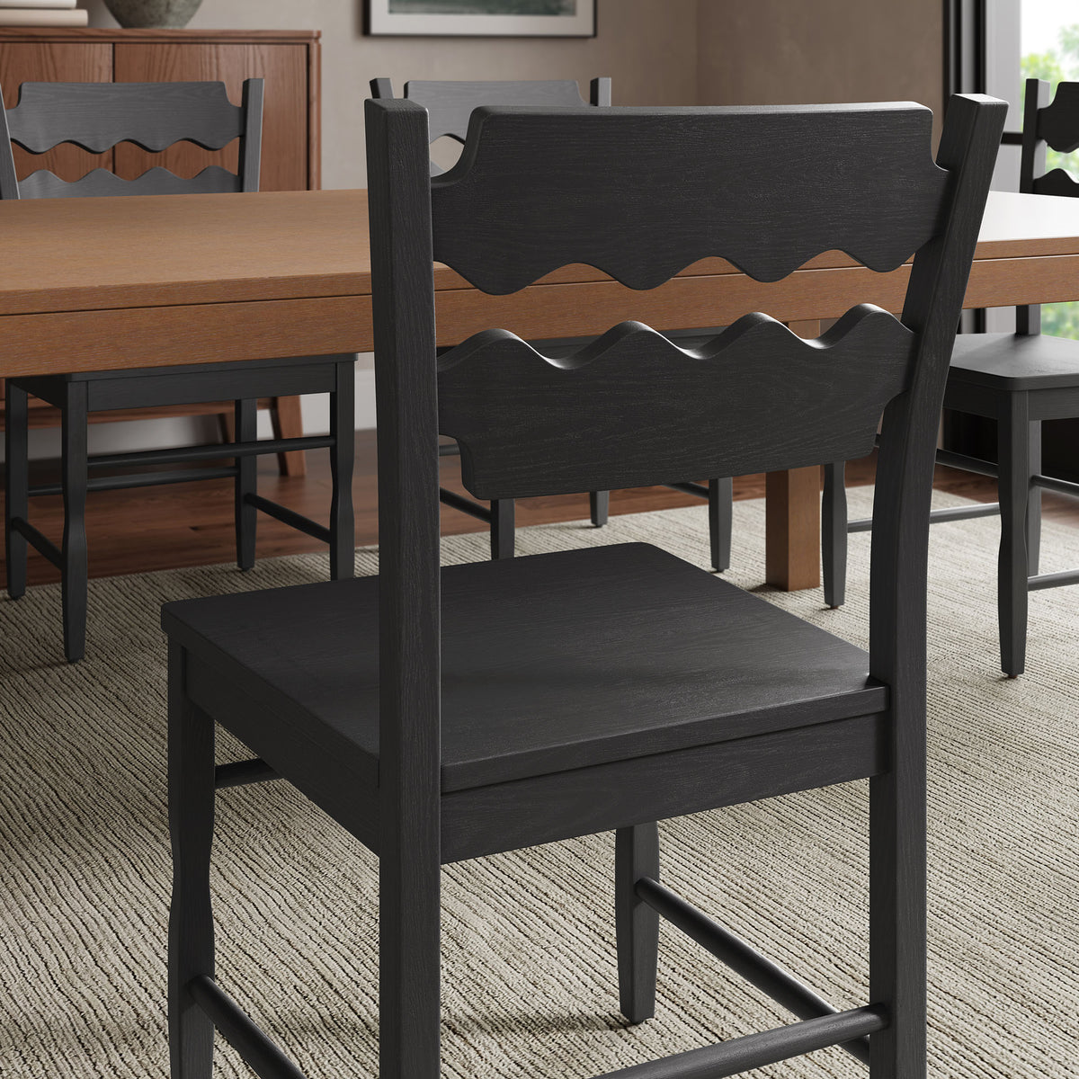 Jax Oak Wood Dining Chair With Wavy Razor Back Set of 2 in Black