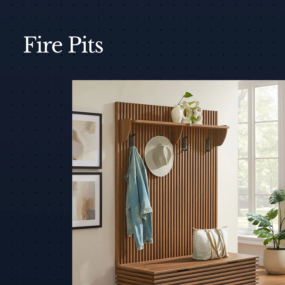 Wooden wall-mounted rack with hooks and shelves in a room with large windows.