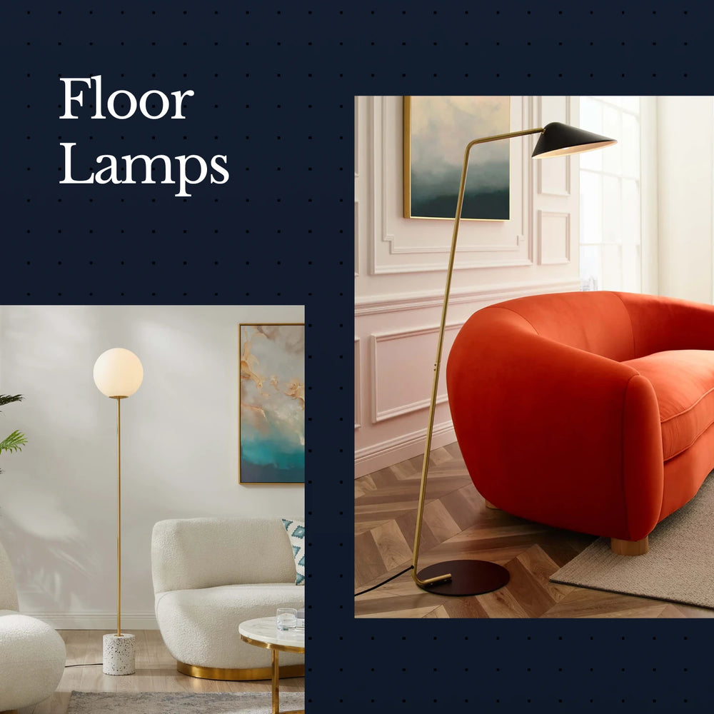 Collage of two living room scenes with floor lamps and modern furniture.