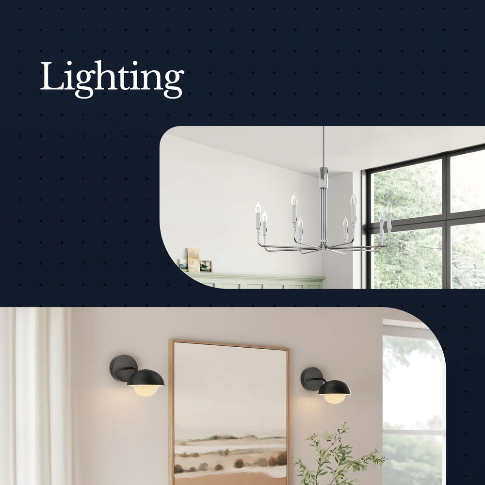 Chandelier and wall sconces with a window in the background, labeled 'Lighting'.