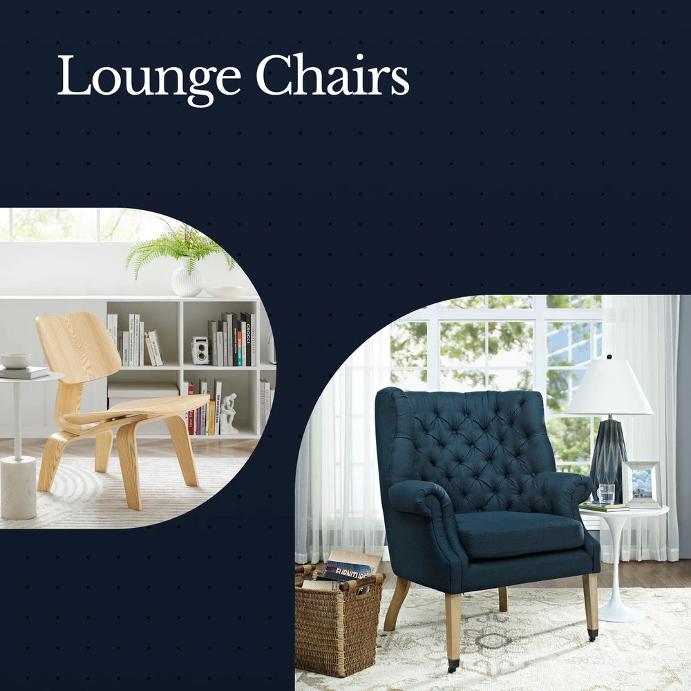 Navy blue lounge chair in a room with a round inset showing a wooden chair.