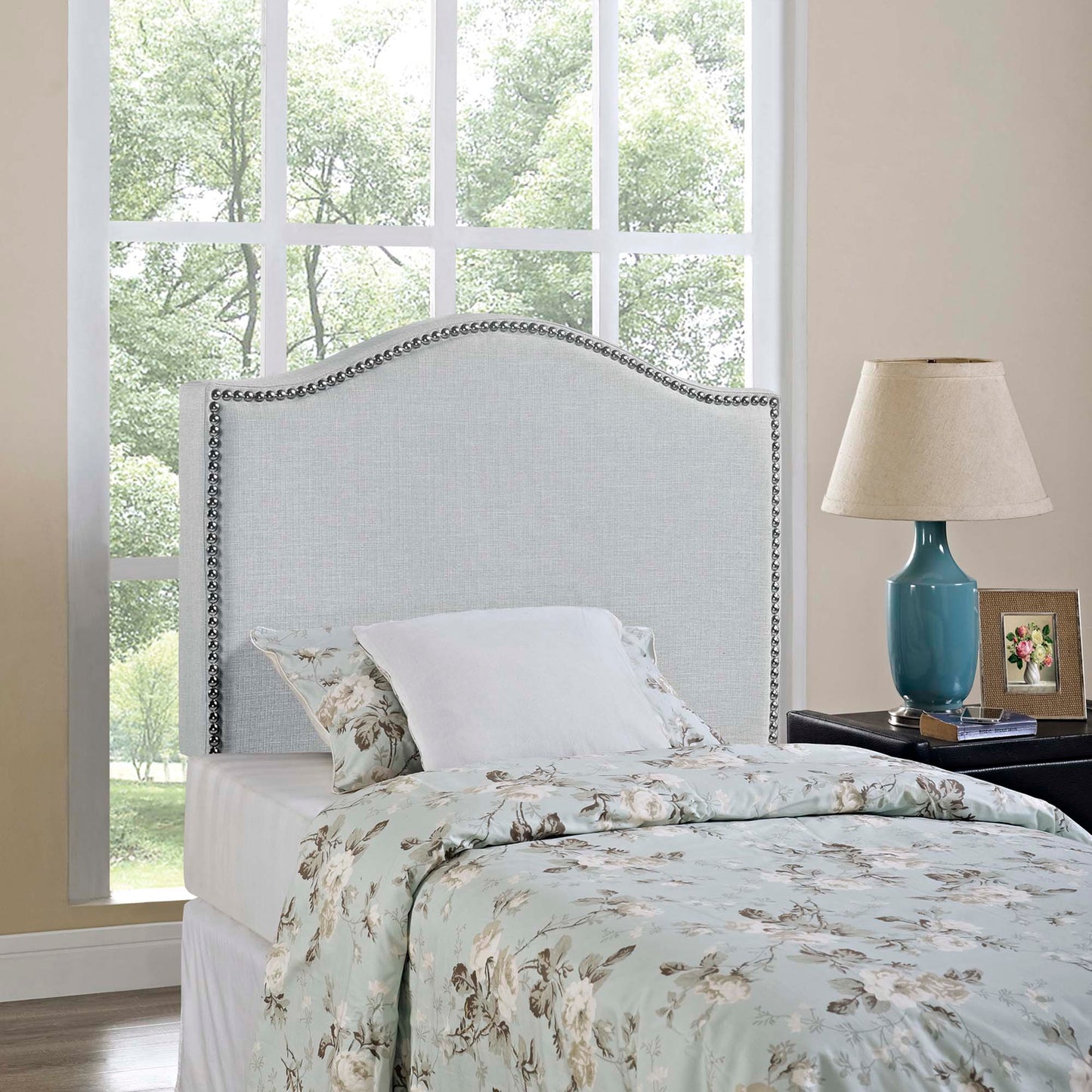 Curl Nailhead Upholstered Twin Headboard by Furniture For America