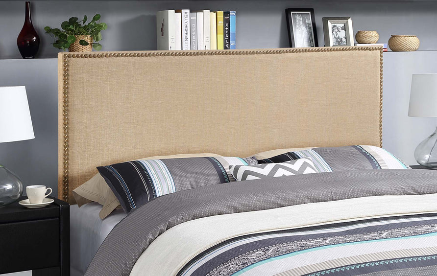 Grove Nailhead Upholstered Queen Headboard in Cafe