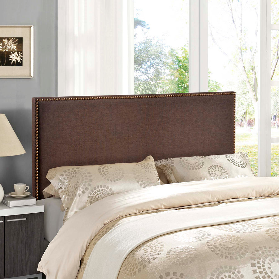 Grove Nailhead Upholstered Queen Headboard in Dark Brown