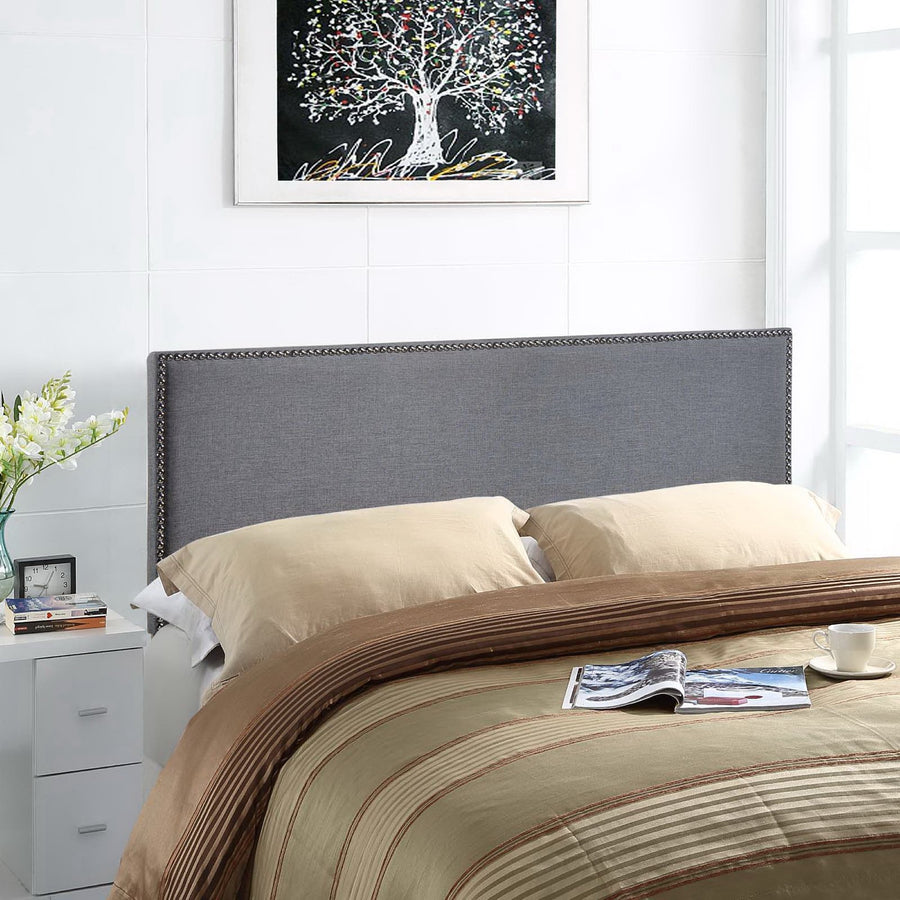 Grove Nailhead Upholstered Queen Headboard in Smoke