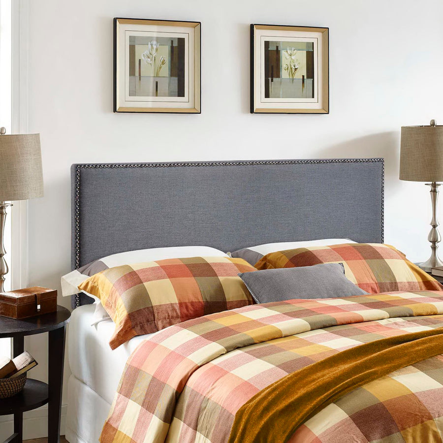 Grove Nailhead Upholstered Queen Headboard in Smoke