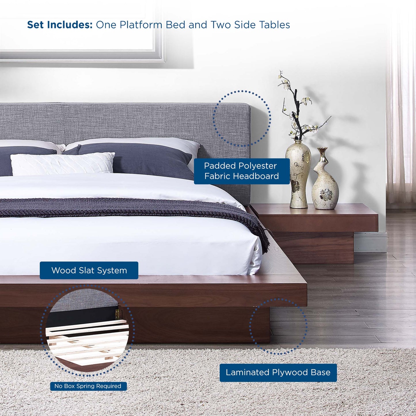 Freja 3 Piece Fabric Queen Bedroom Set by Furniture for America