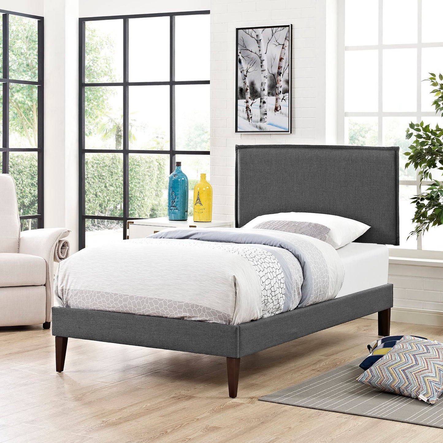 Camille Fabric Twin Platform Bed with Squared Tapered Legs by Furniture For America