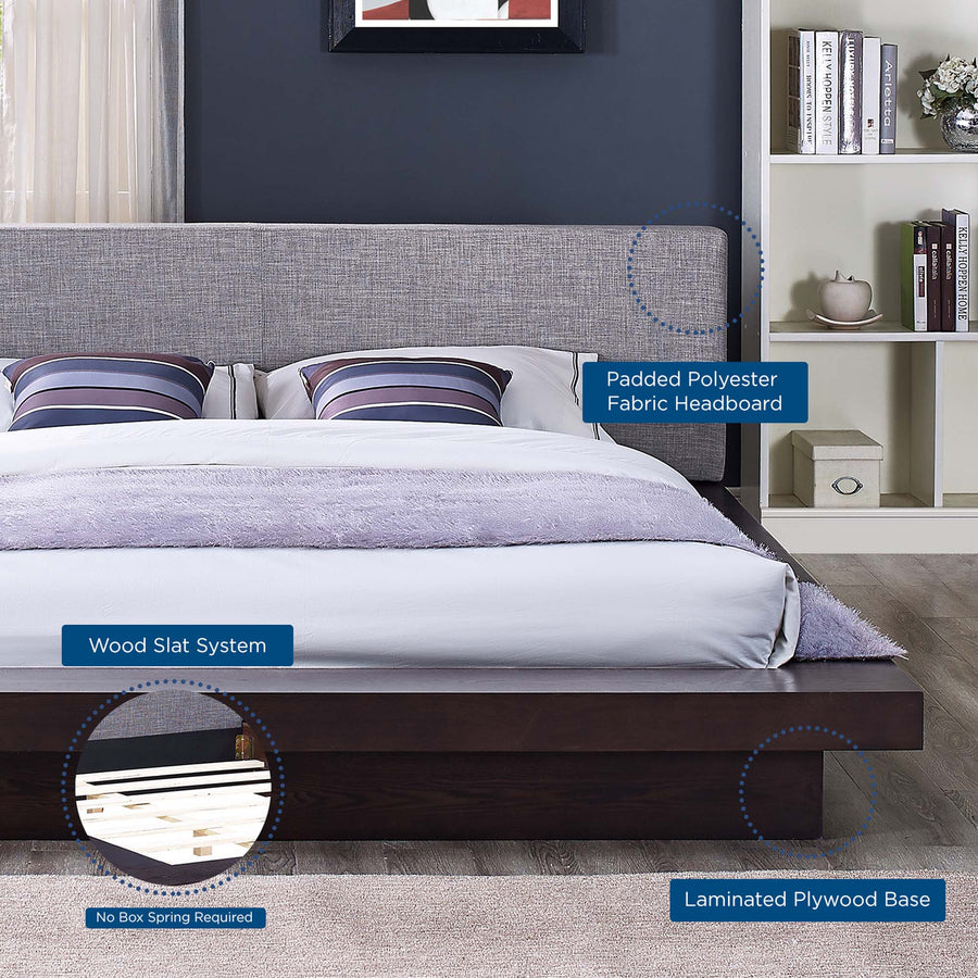 Flynn Fabric Queen Platform Bed in Cappuccino Gray