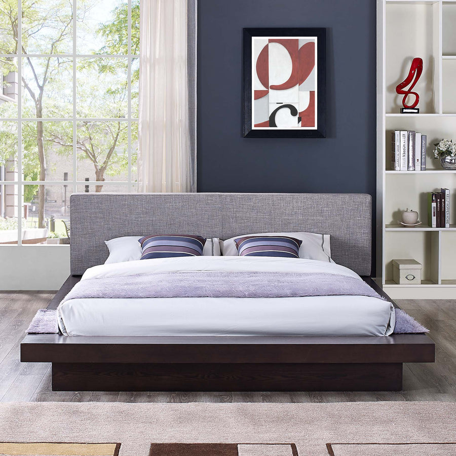 Flynn Fabric Queen Platform Bed in Cappuccino Gray