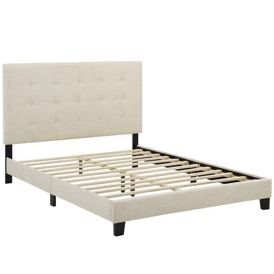 Niall Tufted Button Upholstered Fabric Full Platform Bed in Beige