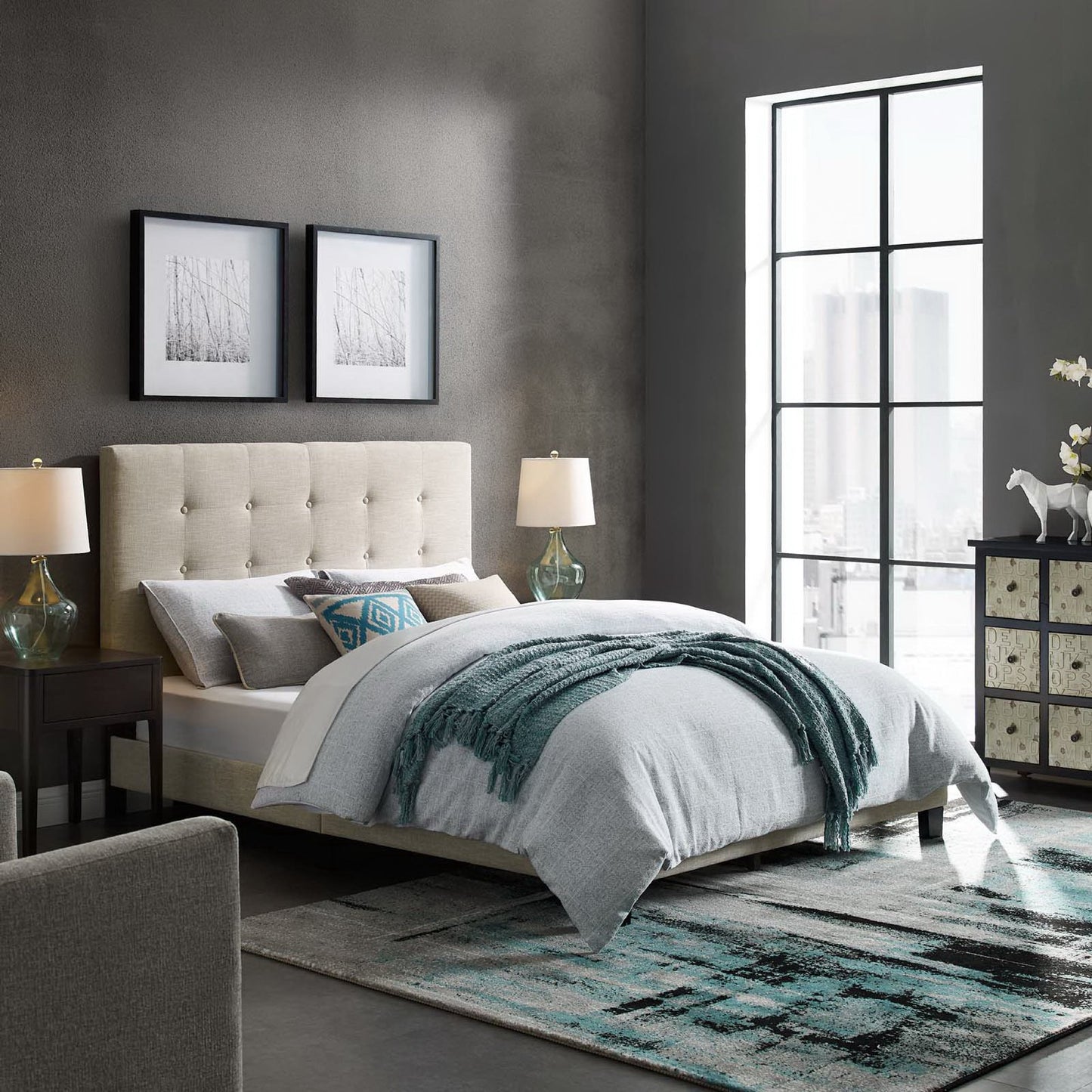 Melanie Tufted Button Upholstered Fabric Full Platform Bed by Furniture For America