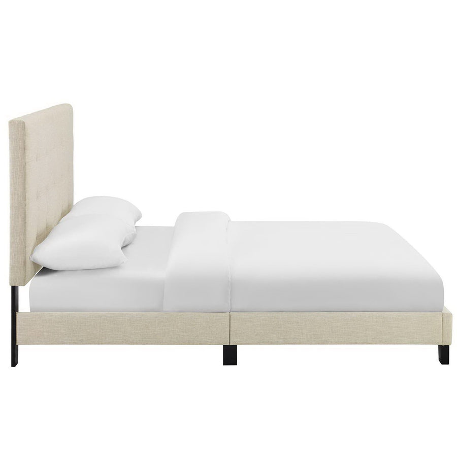 Niall Tufted Button Upholstered Fabric Queen Platform Bed in Beige