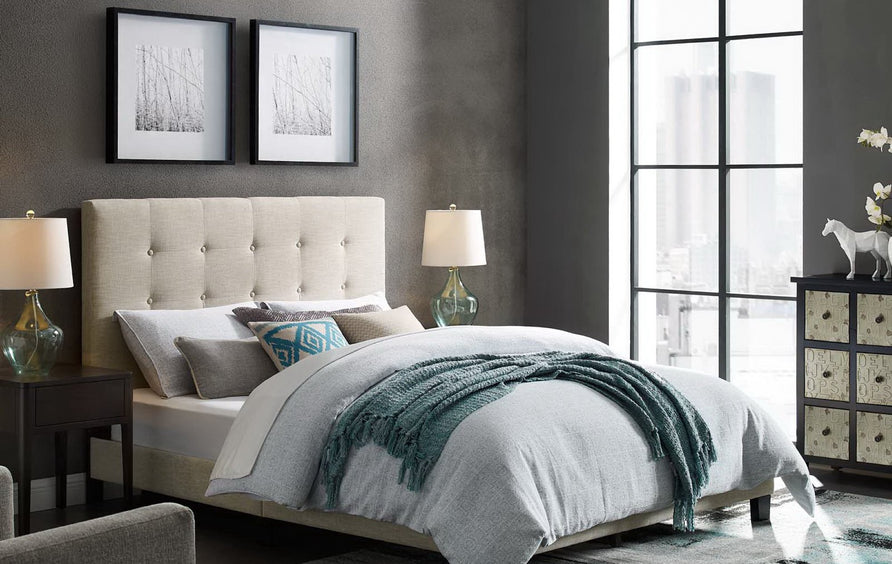 Niall Tufted Button Upholstered Fabric Queen Platform Bed in Beige