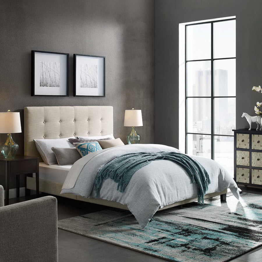 Niall Tufted Button Upholstered Fabric Queen Platform Bed in Beige