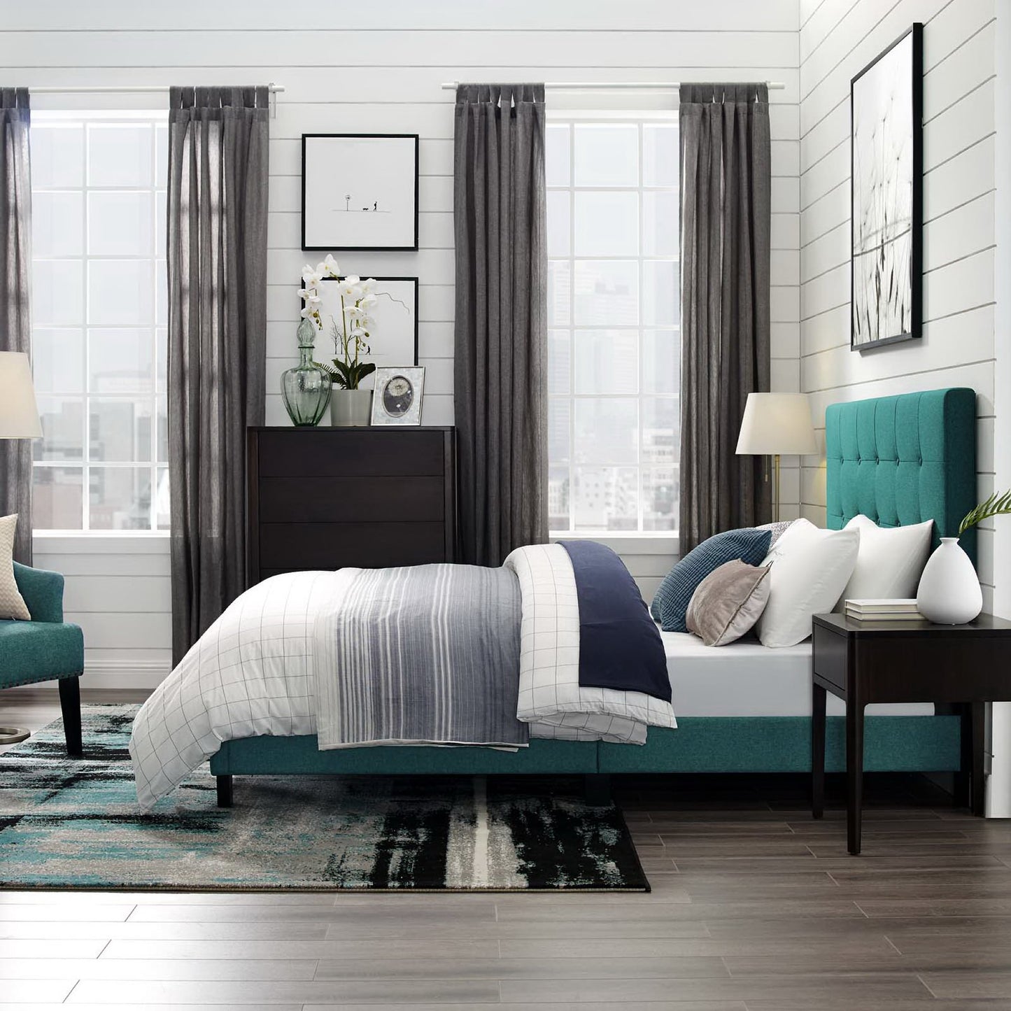 Melanie Tufted Button Upholstered Fabric Queen Platform Bed by Furniture For America