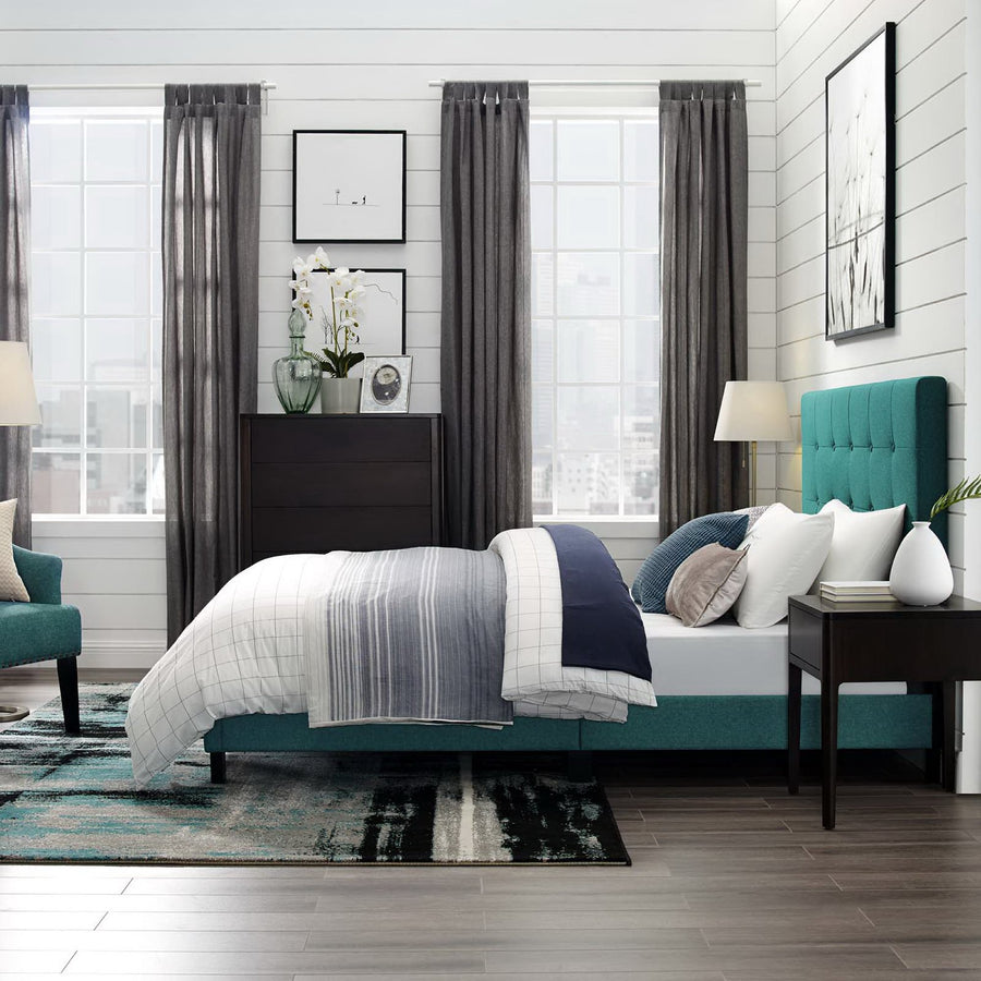 Niall Tufted Button Upholstered Fabric Queen Platform Bed in Teal