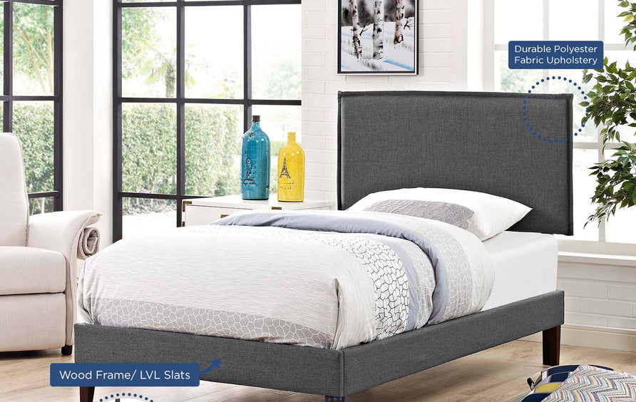 Zelda Fabric Twin Platform Bed with Squared Tapered Legs in Gray