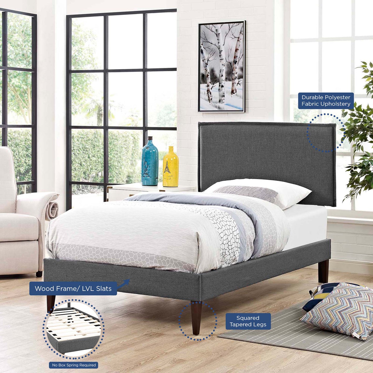 Amaris Fabric Twin Platform Bed with Squared Tapered Legs by Furniture For America