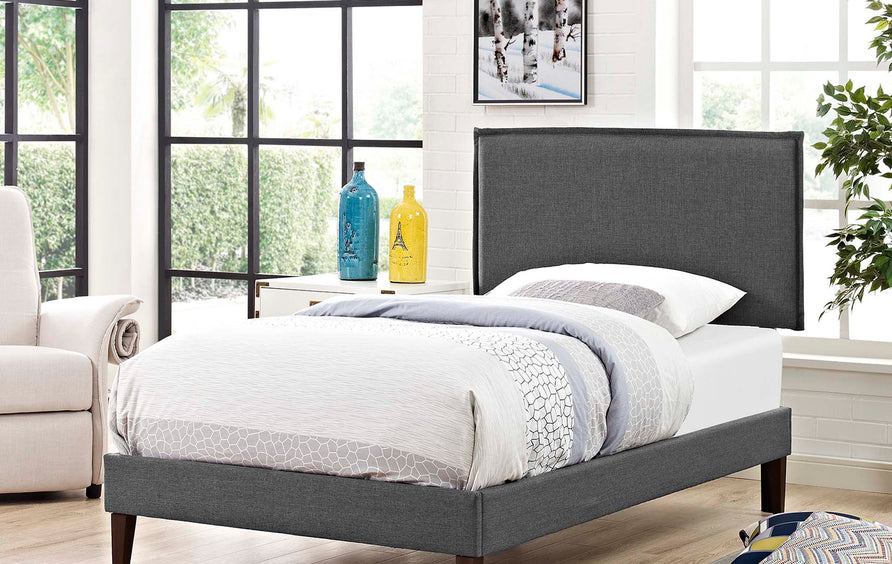 Zelda Fabric Twin Platform Bed with Squared Tapered Legs in Gray