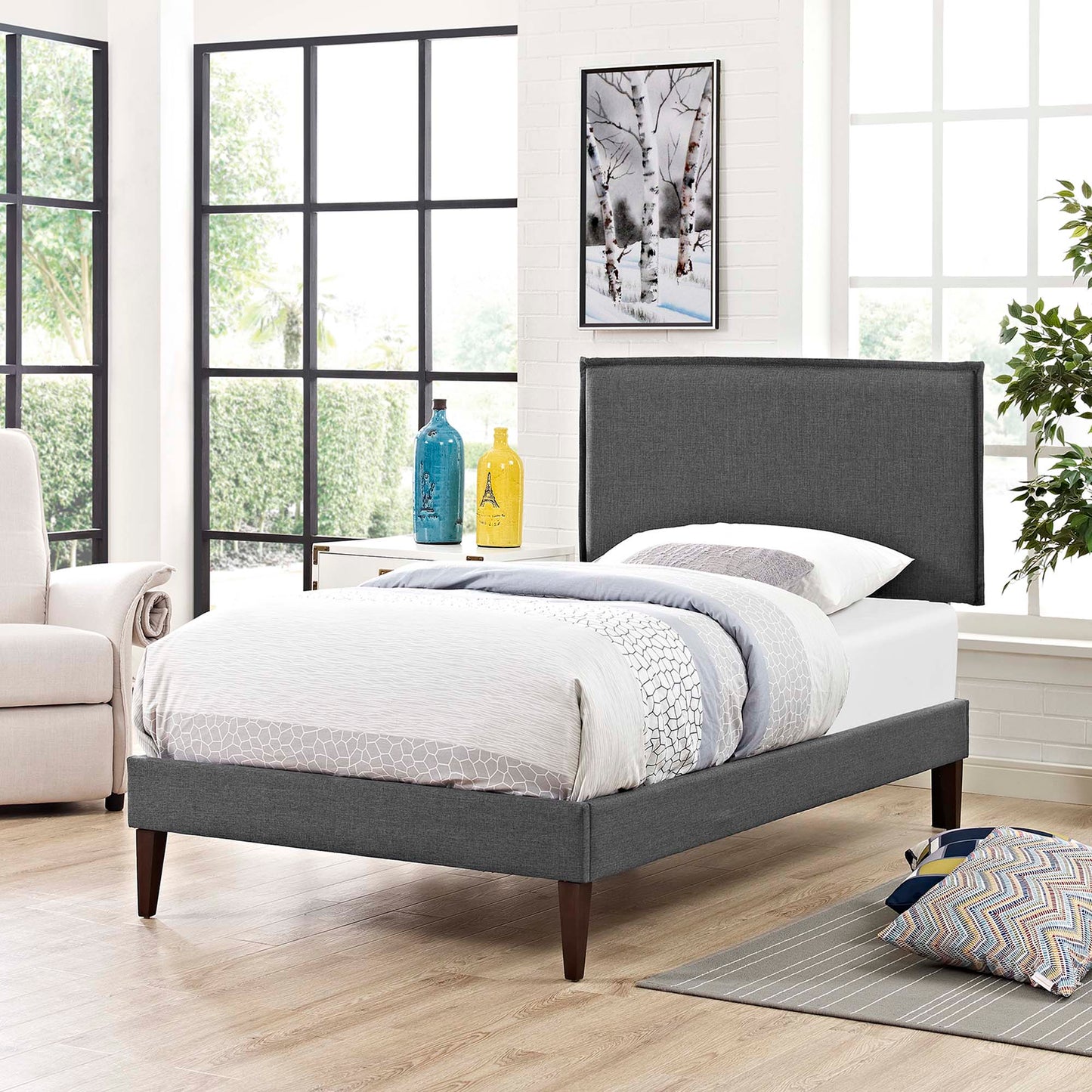 Amaris Fabric Twin Platform Bed with Squared Tapered Legs by Furniture For America