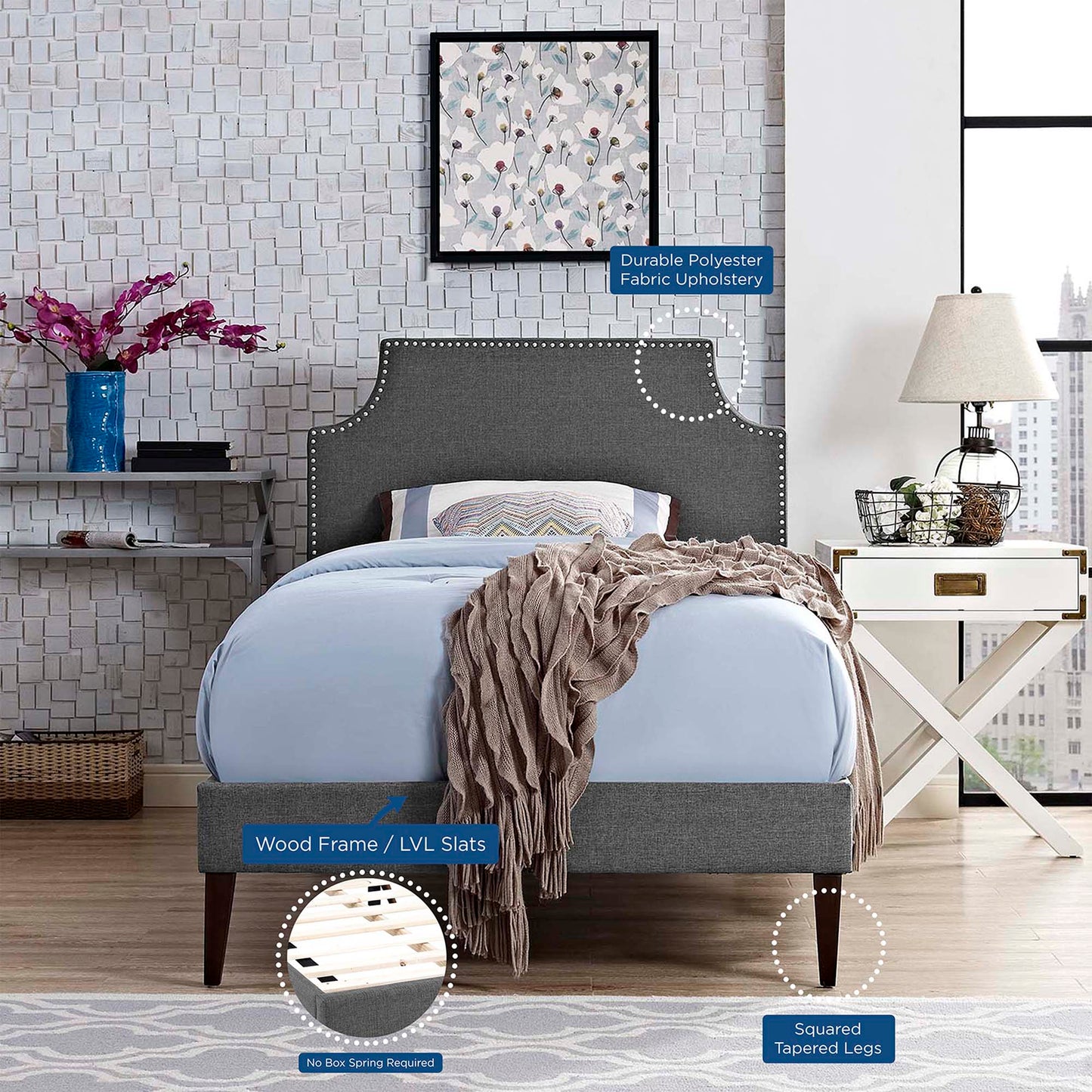 Corene Fabric Twin Platform Bed with Squared Tapered Legs by Furniture For America