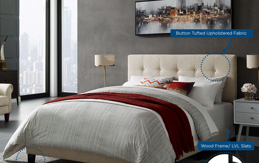 Cottage Upholstered Fabric Full Bed in Beige