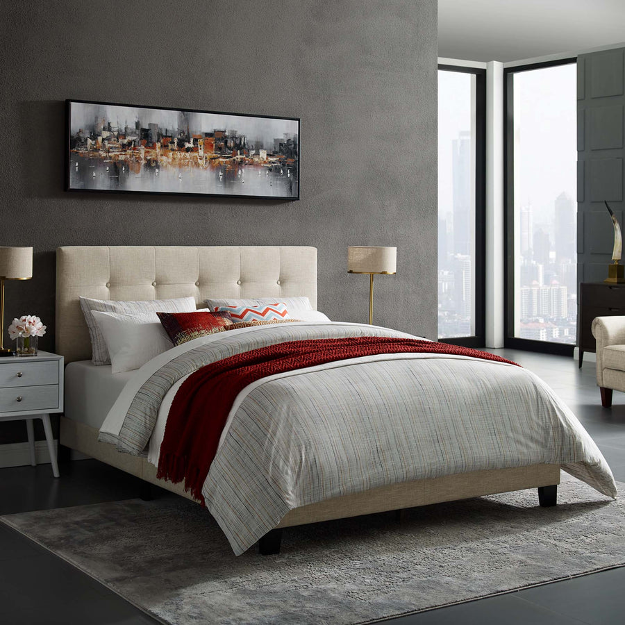 Cottage Upholstered Fabric Full Bed in Beige