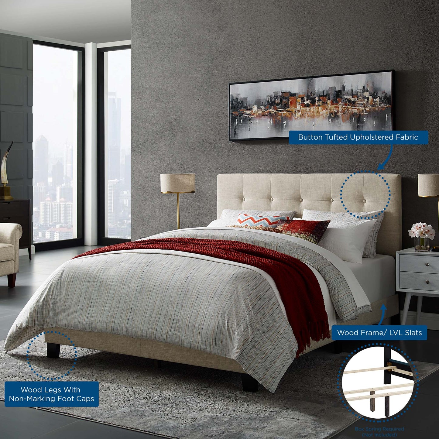 Amira Upholstered Fabric Queen Bed by Furniture For America