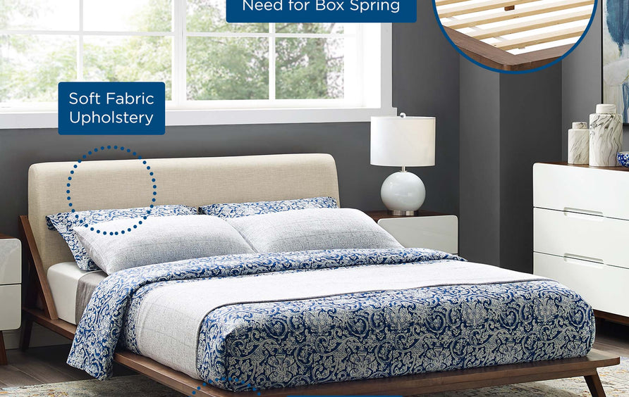 Tossa Upholstered Fabric Queen Platform Bed in Walnut Beige