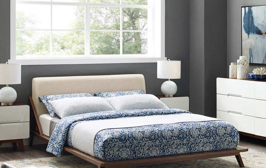Tossa Upholstered Fabric Queen Platform Bed in Walnut Beige