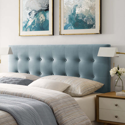Emily Biscuit Tufted Performance Velvet Queen Headboard in Light Blue