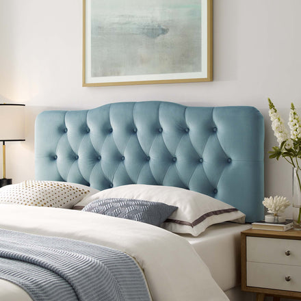 Annabel Diamond Tufted Performance Velvet Full Headboard in Light Blue