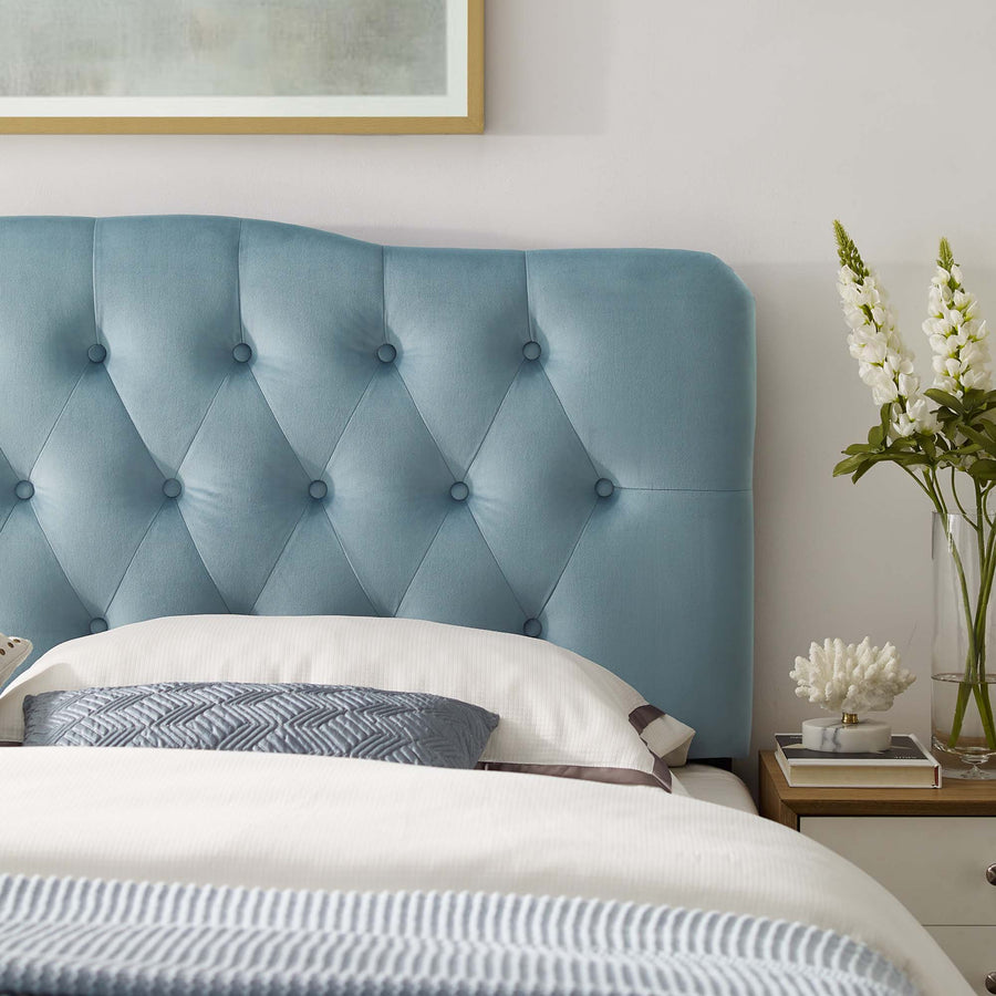 Sage Diamond Tufted Performance Velvet Queen Headboard in Light Blue