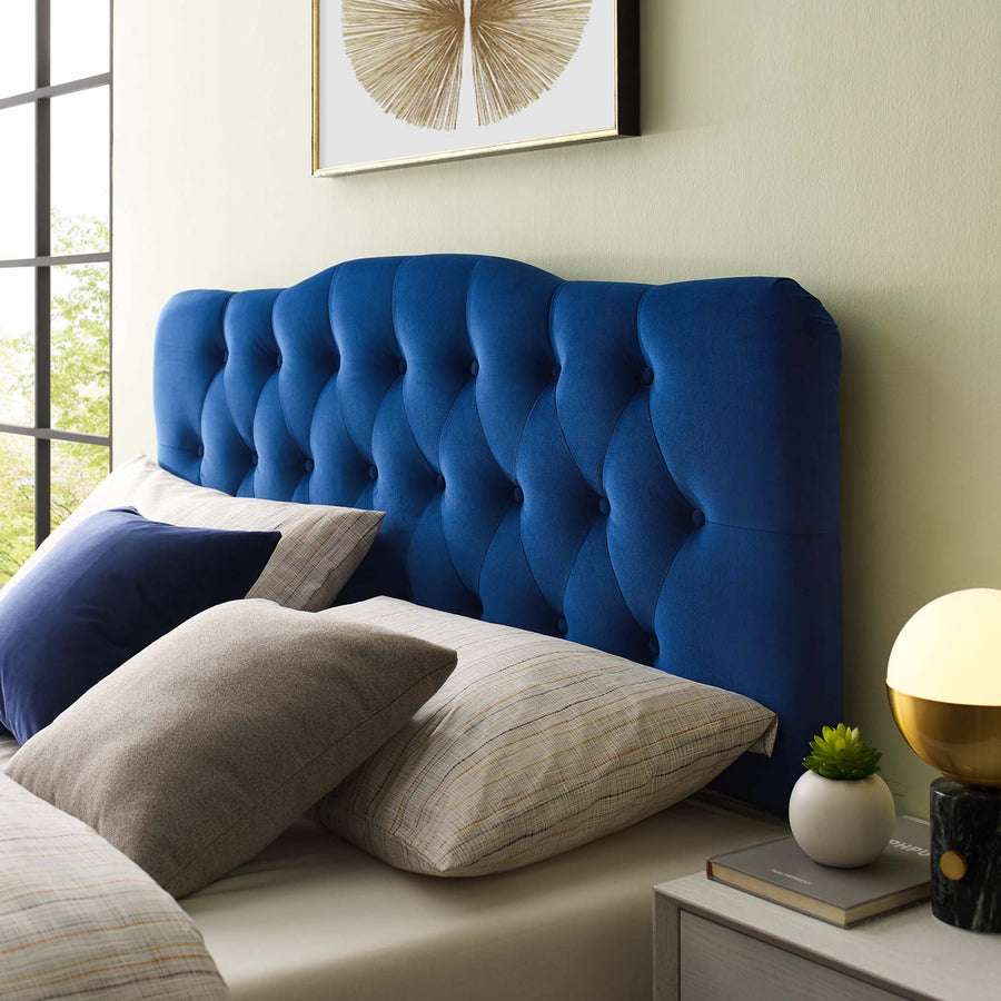 Sage Diamond Tufted Performance Velvet Queen Headboard in Navy