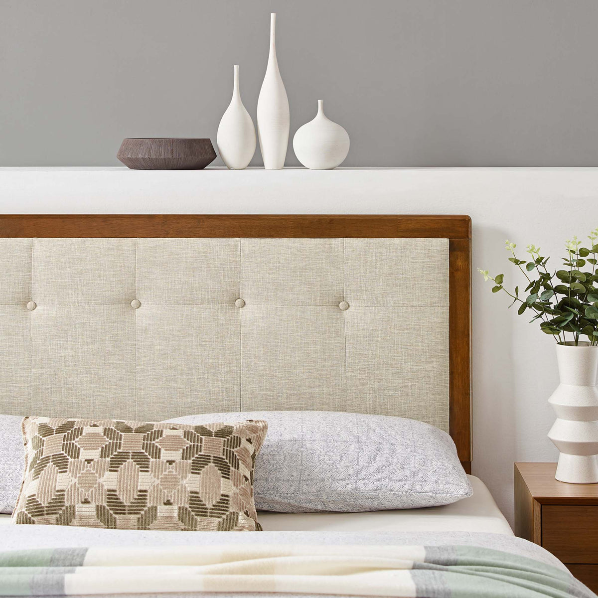 Draper Tufted Fabric and Wood Full Headboard in Walnut Beige