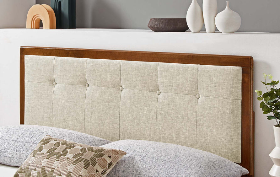 Arch Tufted Fabric and Wood Full Headboard in Walnut Beige