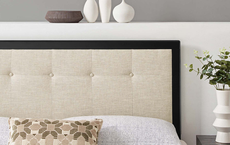 Arch Tufted Fabric and Wood Queen Headboard in Black Beige