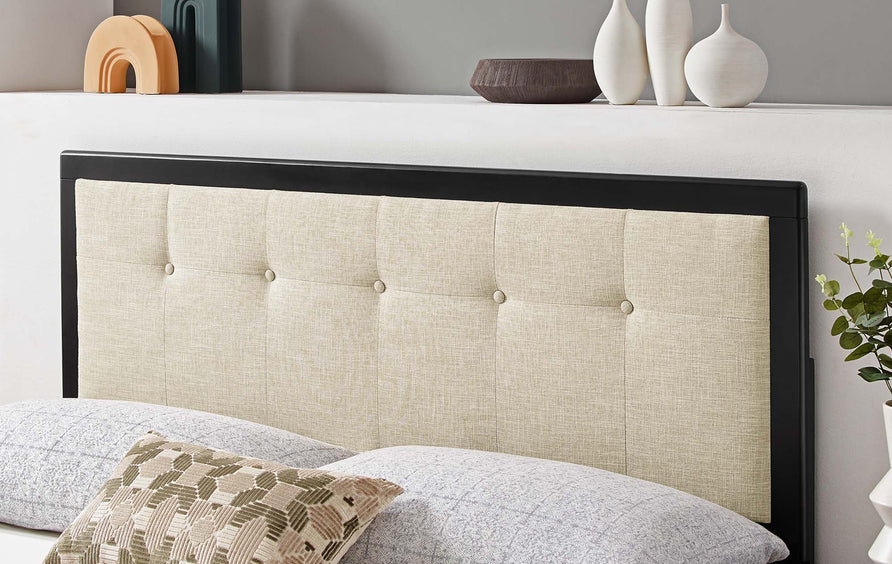 Arch Tufted Fabric and Wood Queen Headboard in Black Beige
