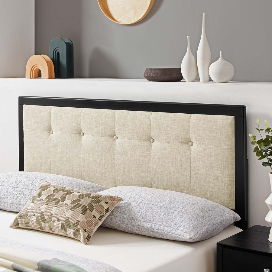 Arch Tufted Fabric and Wood Queen Headboard in Black Beige
