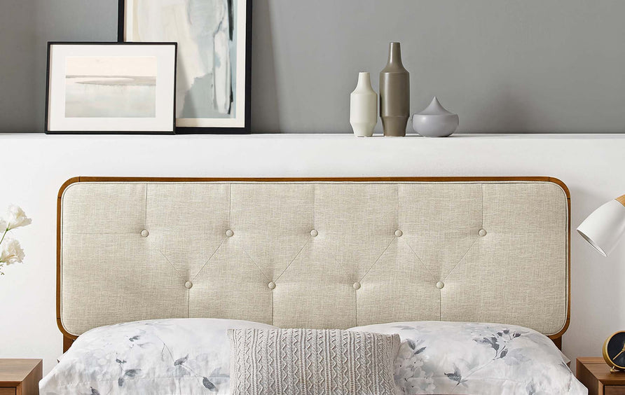 Trellis Tufted Fabric and Wood Twin Headboard in Walnut Beige