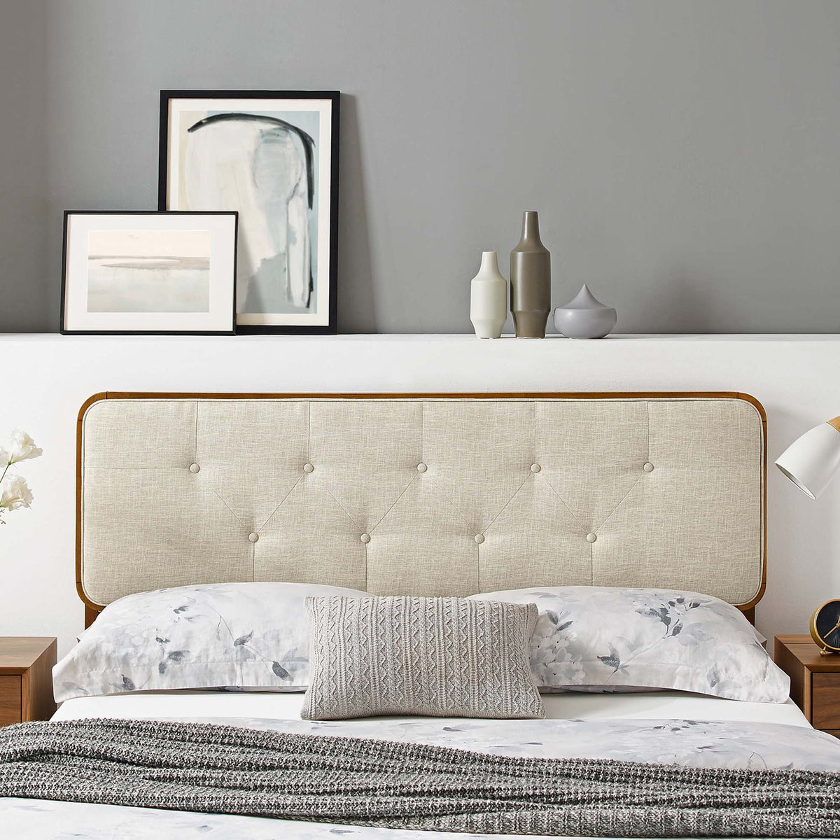Collins Tufted Fabric and Wood Twin Headboard in Walnut Beige