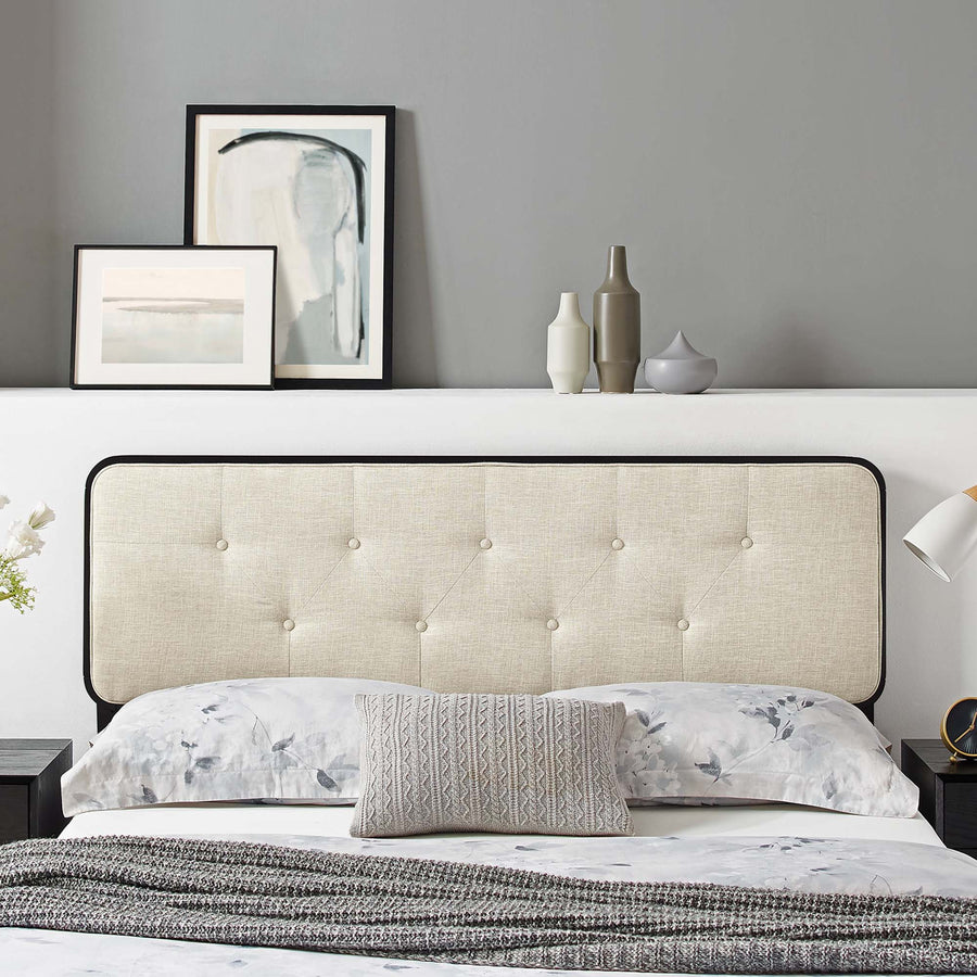 Trellis Tufted Fabric and Wood Full Headboard in Black Beige