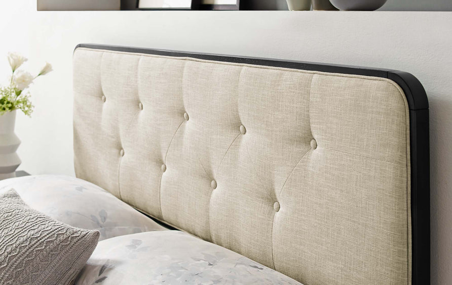 Trellis Tufted Fabric and Wood Full Headboard in Black Beige