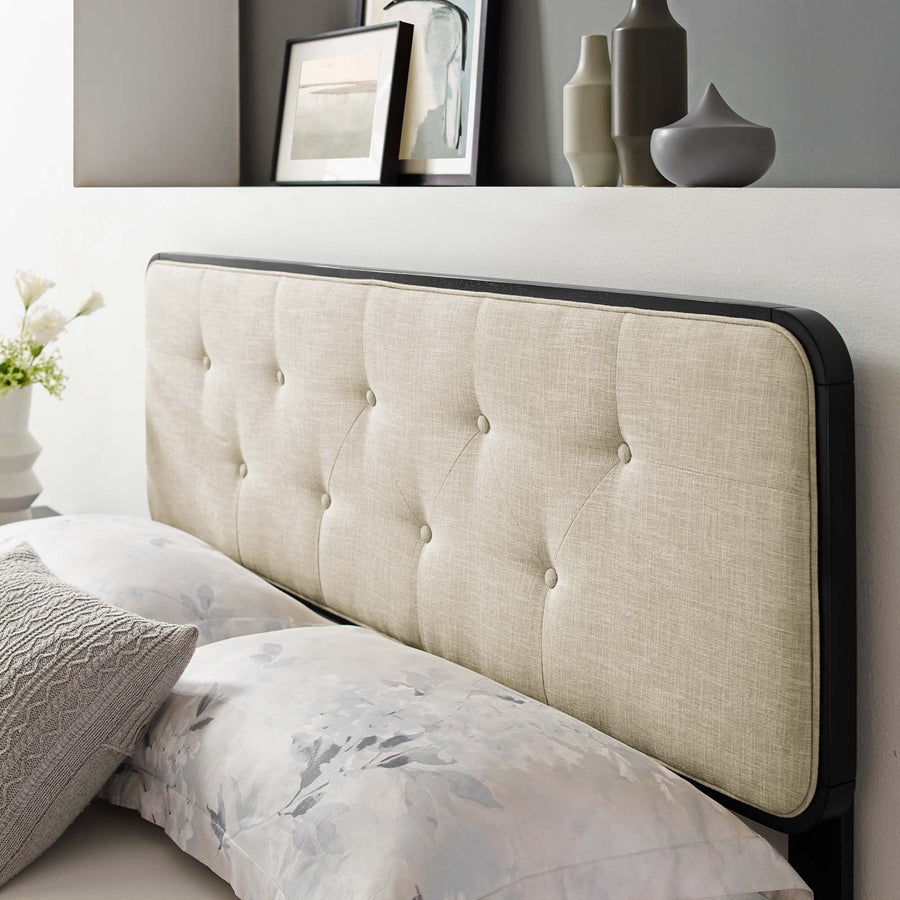 Trellis Tufted Fabric and Wood Full Headboard in Black Beige