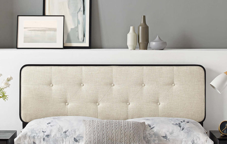 Trellis Tufted Fabric and Wood King Headboard in Black Beige