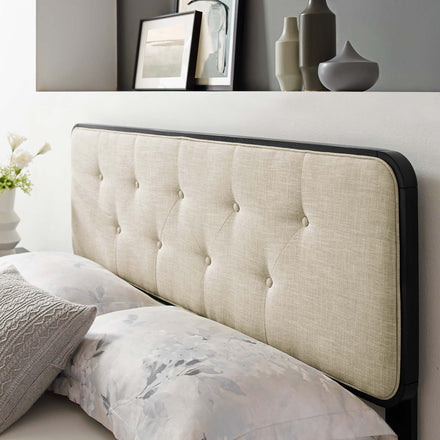 Collins Tufted Fabric and Wood King Headboard in Black Beige